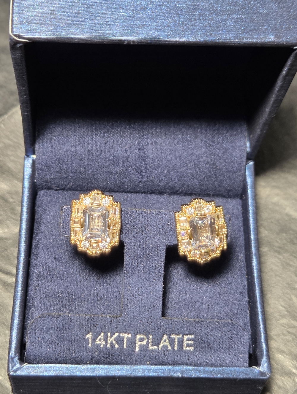 Gold Tone Emerald Cut Crystal Statement Earrings – Vintage Glam